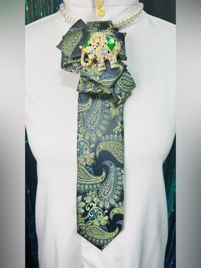 Madison Green and Blue Paisley Necktie with Green Elephant Brooch